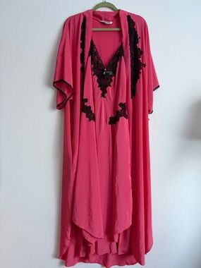Vintage Christian Dior Pink Black Lace Peignoir Set Robe Nightgown Paris NY